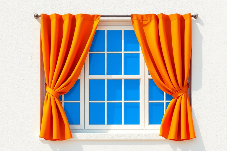 Create an image of a stylized window with two orange curtains, featuring a three-pane design and bright blue grids in each pane, shot with a DSLR camera at f/2.8, ISO 100, using a 50mm lens, in natural daylight to enhance clarity and color vibrancy.