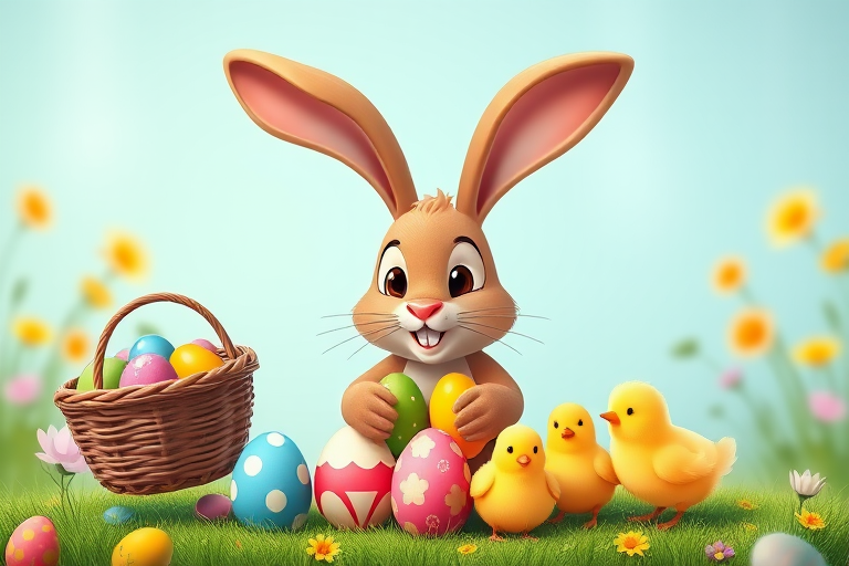 Create a vibrant cartoon image of a playful brown bunny holding a basket of colorful Easter eggs with three cute chicks beside it, captured with a Canon EOS 5D Mark IV at f/8, ISO 100, and a 50mm lens, using a bright and cheerful color palette for enhanced quality.