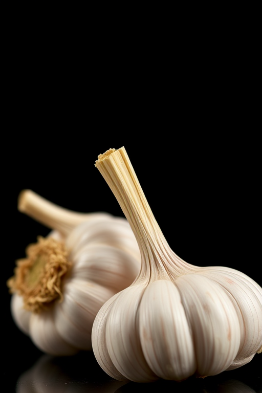Close-up shot of two garlic bulbs on a black background, f/2.8, ISO 100, 50mm lens, natural light, shallow depth of field, DSLR camera.
