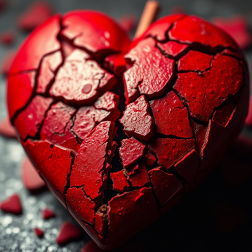 Create a highly detailed and vibrant image of a shattered red heart, showcasing the textured fragments and deep cracks, with dramatic lighting emphasizing the pieces, using a macro lens at f/2.8 for shallow depth of field, ISO 100, shutter speed 1/250, with an upward angle and a soft bokeh background.