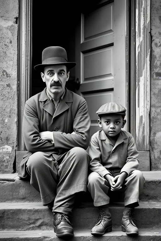 A black-and-white photograph of a man and a child sitting on steps in front of a doorway. The man is dressed as a tramp with a bowler hat, mustache, and ragged clothes, reminiscent of Charlie Chaplin's iconic look. He is sitting with his arms crossed and an expression of slight sadness or frustration. Next to him is a young boy, also in worn clothes and a cap, sitting with his hands clasped, looking thoughtful. The background is an old, textured wall and a partially open door, creating a vintage, early 20th-century atmosphere.