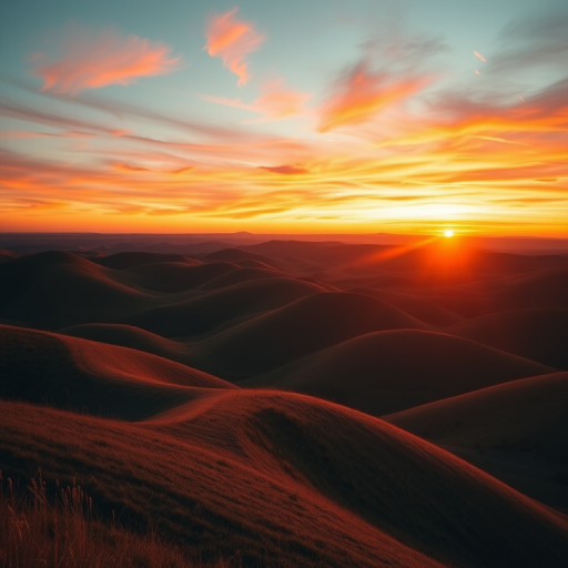 Generate a high-resolution image of a serene landscape featuring rolling hills and a vibrant sunset in the background capturing the warm colors of the sky with a Canon EOS R5, 24mm f/1.4 lens, aperture set to f/8, ISO 100, shot in landscape orientation at golden hour for enhanced lighting and detail.