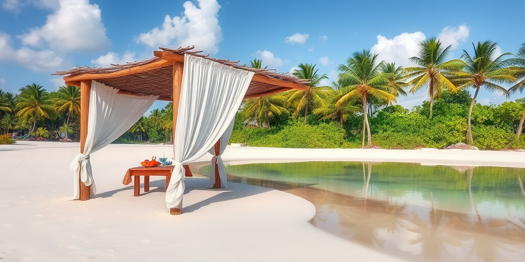 Create a picturesque tropical beach scene featuring a serene, white sandy shore. In the foreground, there's a rustic wooden canopy with white drapes gently flowing in the breeze. Underneath the canopy, a table is set with tropical decor, evoking a sense of relaxation and leisure. The beach extends into a calm, shallow water area with reflections of the sky and surroundings. Palm trees and lush greenery line the edge of the beach, providing a natural, tropical backdrop. The sky is clear with a few scattered clouds, and the overall atmosphere is tranquil and inviting, perfect for a peaceful retreat.