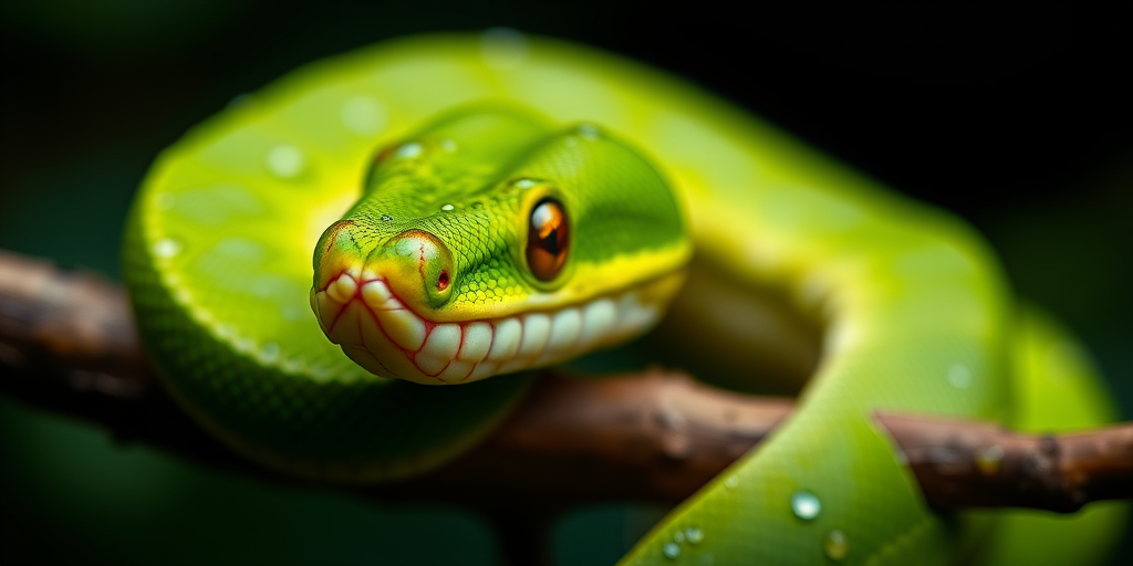 high-resolution macro shot of a green tree python coiled on a branch with droplets of water on its scales, shallow depth of field, f/2.8 aperture, ISO 200, 50mm lens, natural light, focus on the snake's eye, slightly blurred background