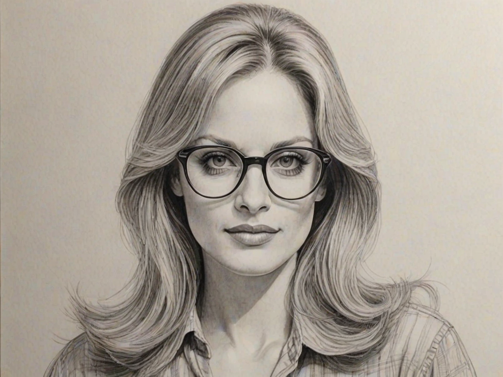 Enticing Beverly D'Angelo, pencil sketch, portrait of Fascinating woman 1974s in glasses, hair style beatnik, outline, clear lines, fine lines, 8k
