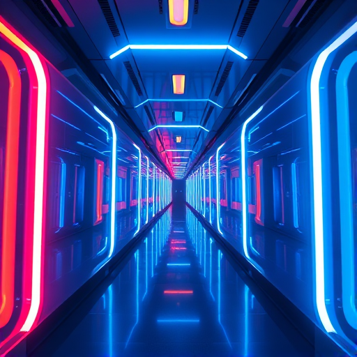 futuristic neon corridor with glowing blue and orange lights, symmetrical perspective, ultra HD, f/2.8 aperture, ISO 100, 24mm lens, 1/60s shutter speed, wide-angle view, high dynamic range imaging, photorealistic rendering