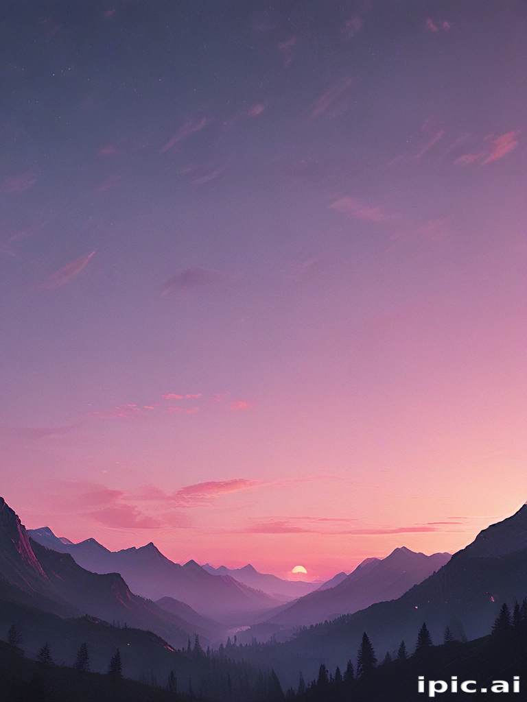 Serene Sunset Over Majestic Mountains with Vibrant Purple and Pink Skies