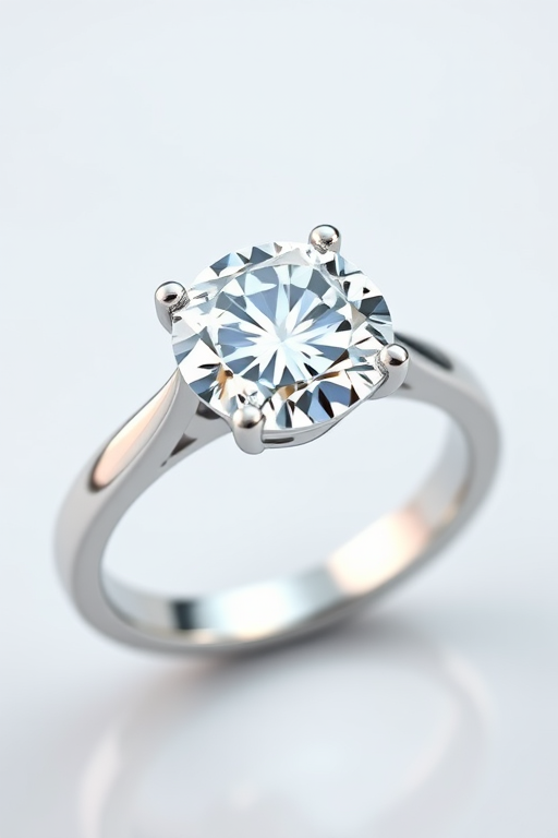 Create a high-resolution 3D rendering of a diamond engagement ring with a brilliant cut diamond, set in a polished white gold band, using a macro lens at f/2.8 for shallow depth of field, 50mm focal length, and 1/100 sec shutter speed, illuminated with soft, diffused natural light for enhanced sparkle and clarity.