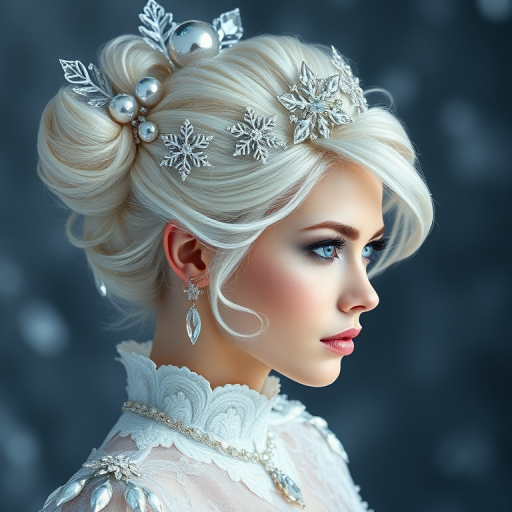 Ethereal white-haired ice queen sporting an elaborate updo with crystalline accessories and delicate snowflake details