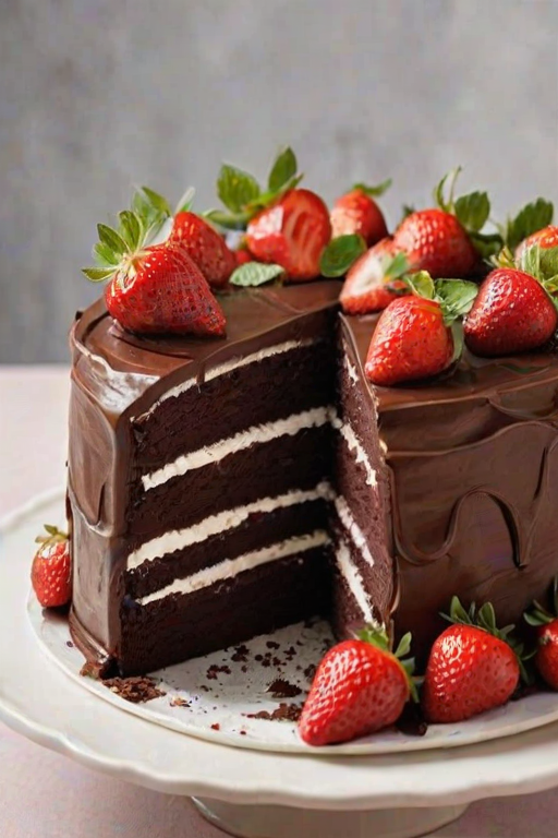 Create an image of a three-layer chocolate cake. The cake should have rich chocolate ganache dripping down the sides, with layers filled with fresh strawberries and whipped cream. Top the cake with whole strawberries and a few mint leaves for garnish. The setting should be elegant, with a soft background that includes floral elements.