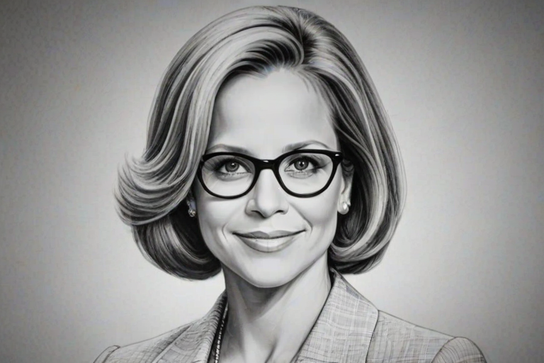 Attractive Katie Couric, pencil sketch, portrait of Resplendent woman 1936s in glasses, hair style beatnik, outline, clear lines, fine lines, 8k