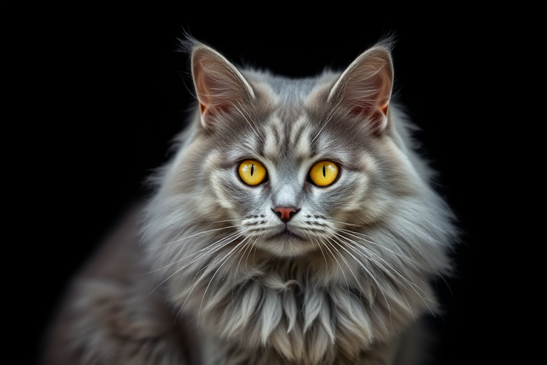Generate an image of a fluffy grey cat with striking yellow eyes sitting against a dark background, taken with a Canon EOS 5D Mark IV, 50mm lens, aperture f/1.8, shutter speed 1/200 sec, ISO 100, in soft natural light for enhanced image quality.
