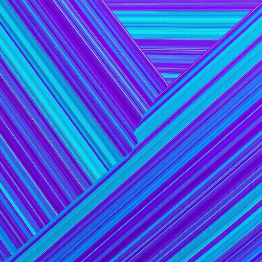 Generate an abstract pattern of dynamic diagonal lines in vibrant turquoise and purple colors, using a DSLR camera with a 50mm lens, f/2.8 aperture, ISO 100, and a high shutter speed of 1/500s, shot from an overhead view to capture depth and motion.