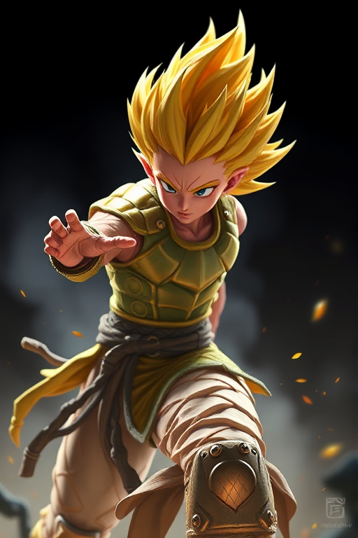 Create a highly detailed illustration of a character resembling a golden warrior with spiky hair, in a dynamic pose, captured using a DSLR camera at 50mm focal length, f/1.8 aperture, ISO 100, in bright studio lighting, with a shallow depth of field to enhance background blur.