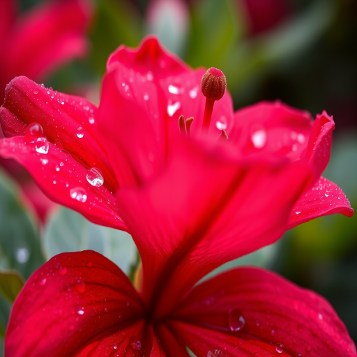 Capture a close-up of a vibrant red azalea flower with dew drops on its petals, using a 50mm lens at f/2.8, 1/200s shutter speed, ISO 100, natural soft lighting, and a DSLR camera to enhance color richness and detail.