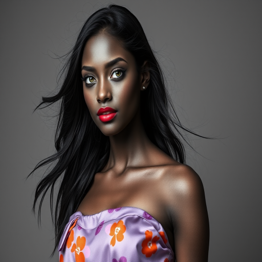 Photographic image of a beautiful young Mulatto woman, green eyes, lips with red lipstick, long hair fluttering in the wind and wearing a silk strapless dress with a soft purple and orange print. monochrome image with only color highlights in the iris of the eyes, lipstick and dress. Gray background.