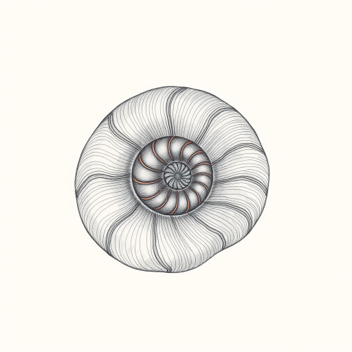 Create a detailed drawing of a nautilus shell with intricate lines and shading on a soft beige background, captured in high resolution using a Canon EOS R with a 50mm lens at f/1.8, ISO 100, and a well-lit studio setup.
