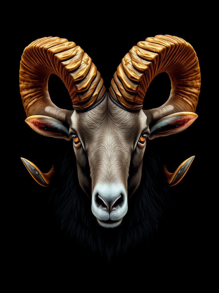 Create a highly detailed digital illustration of a ram's head with ornate golden horns and glowing eyes against a black background, using a high-resolution 50mm lens with f/1.8 aperture, ISO 100, under soft studio lighting for enhanced sharpness and contrast.