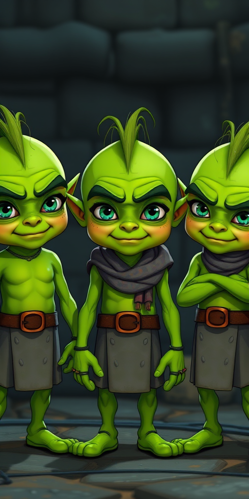 Create an image of three cartoonish green goblin-like characters standing next to each other, with the following camera settings: ISO 100, f/8, shutter speed 1/200s, taken from a slightly low-angle perspective with a wide-angle lens, digital art style.