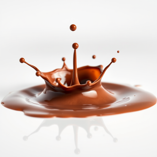high-speed shot of chocolate splash in a white backdrop, ISO 100, aperture f/8, shutter speed 1/2000s, macro lens, 85mm, shot with a DSLR camera, soft lighting to enhance reflections
