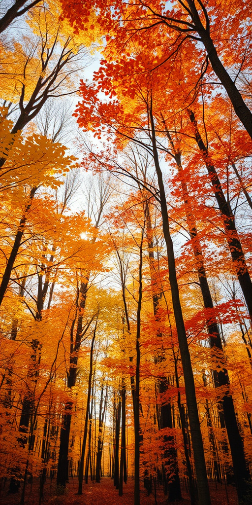 Capture a vibrant autumn forest scene with tall trees displaying colorful leaves in shades of orange and yellow, natural sunlight filtering through branches, low angle view, using a DSLR camera with a 24mm lens, aperture set to f/8 for depth of field, ISO 100 for clarity, and a tripod for stability in high dynamic range imaging.