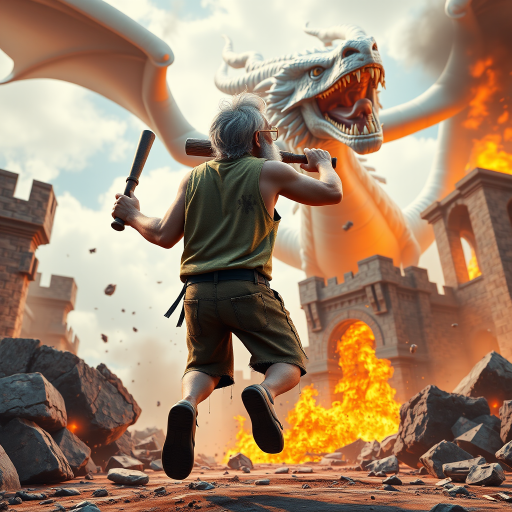 Cartoon 3D High-Resolution,dynamic battle scene using Unreal Engine 5 and Octane Render. The scene features back of an elderly, thai man with a beard,messy hair and round golden-rimmed glasses. He is wearing a tattered tank top with soot marks, shorts, and sandals. sweating. he wields a baseball bat. He jump to fight with a white fire-breathing Europe dragon amidst a partially destroyed stone castle. Include intense flames, smoke, and debris to enhance the dramatic effect.