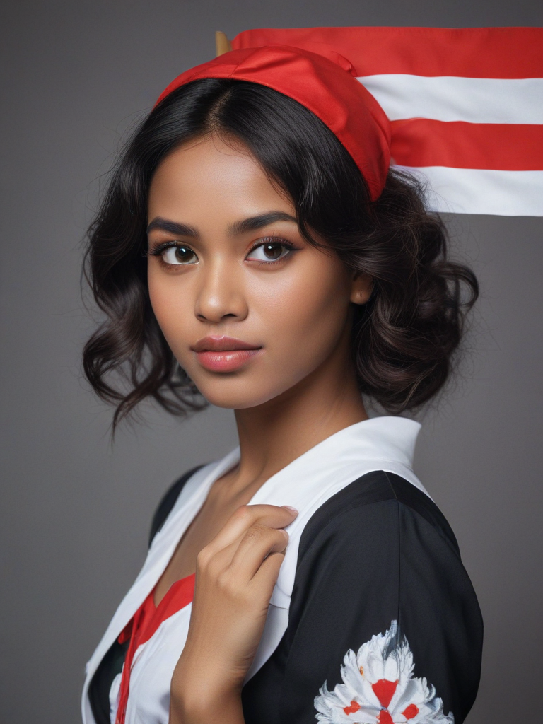 Fat dark skinned Indonesian Maid white eye wavy hair Hold Indonesian flag