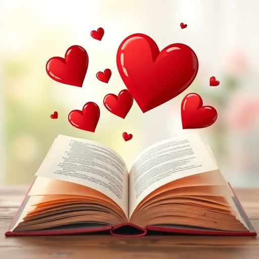 create a whimsical illustration of an open book with red hearts floating above it, using a Canon EOS R5, 50mm lens, f/1.8 aperture, 1/125 sec shutter speed, natural lighting, and a soft focus background