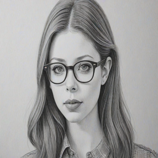 Captivating Michelle Trachtenberg, pencil sketch, portrait of Graceful woman 1968s in glasses, hair style beatnik, outline, clear lines, fine lines, 8k