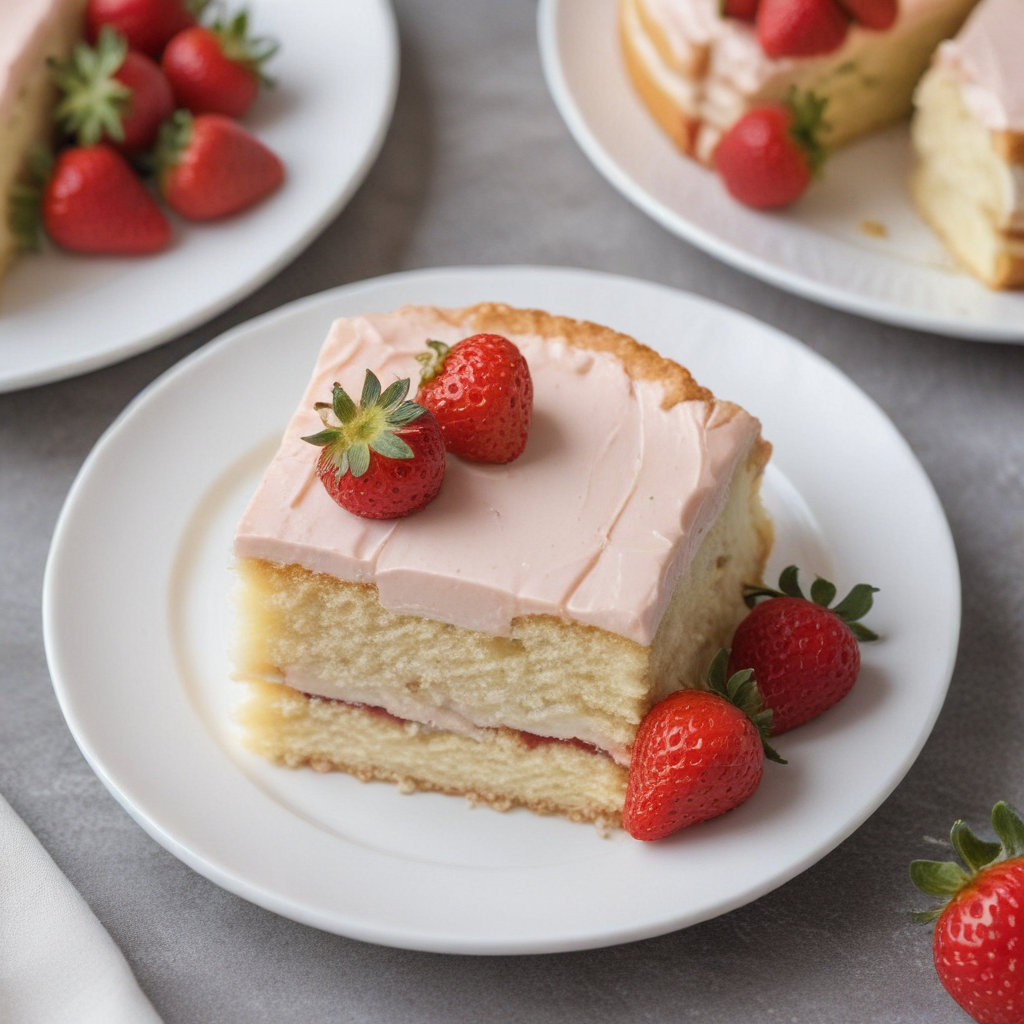 a HD image of a strawberry and vanilla cake slice on a white plate