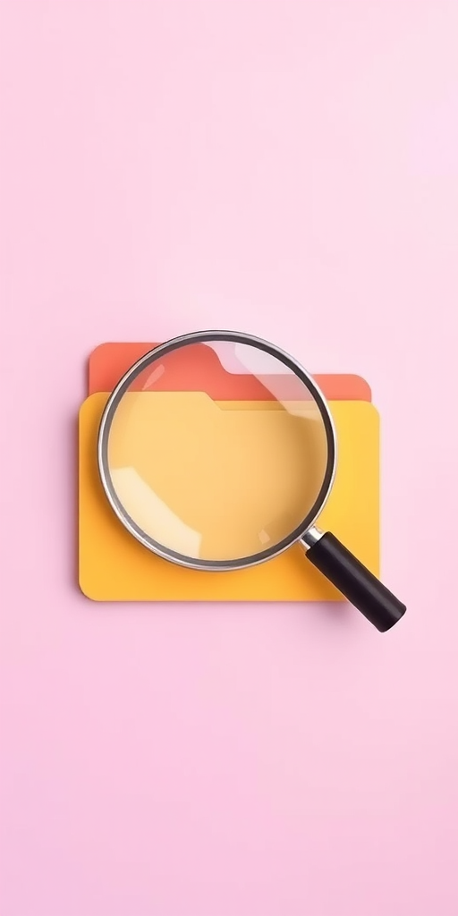 Create an image of a folder icon with a search magnifying glass overlay, ensure a vibrant color palette, use a Canon EOS 5D Mark IV, aperture f/2.8, shutter speed 1/100s, ISO 100, captured from a front view in a flat lay style, focus on high-resolution clarity and smooth gradients.