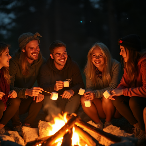 Warm, softly lit photo of a group of friends sitting around a campfire, soft glow from the flames illuminating their faces as they laugh and roast marshmallows, with stars faintly visible overhead.