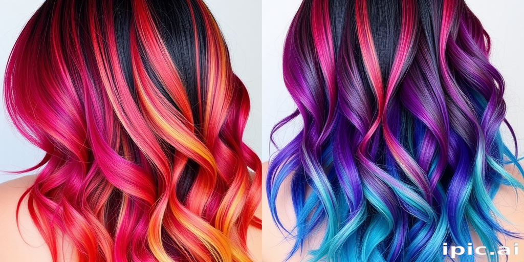 Ombre rainbow hair flowing from vibrant red roots through every color of the spectrum to indigo tips, styled in loose beach waves called Prism Cascade