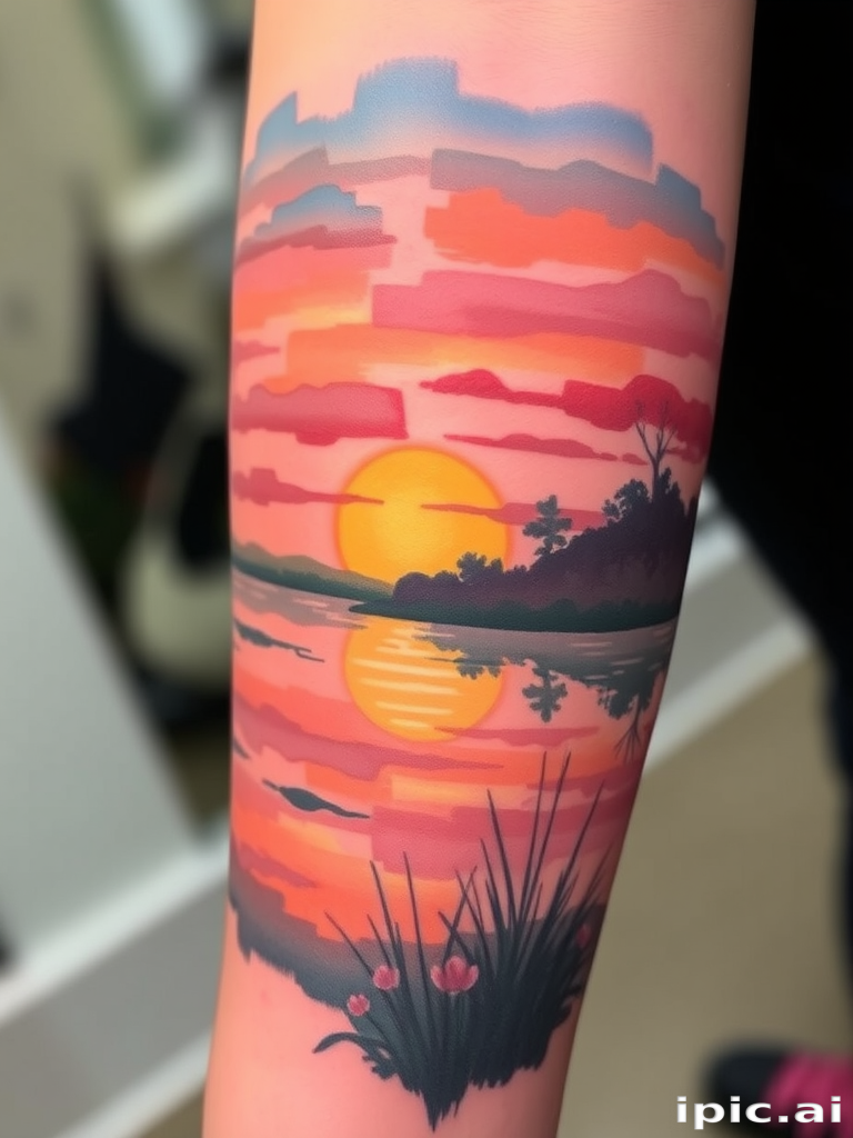 Painterly tattoo named "Impressionist Dawn" recreating a sunrise landscape in the style of Monet, with soft, blended colors and visible brushstrokes to capture the essence of light and atmosphere