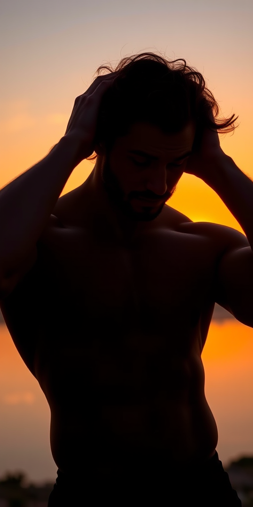 Create a silhouette portrait of a muscular man with tousled hair against a vibrant sunset, using a Canon EOS R5 with a 50mm f/1.2 lens, aperture set to f/1.8, ISO 100, and a shallow depth of field to enhance the warm colors and soft background.