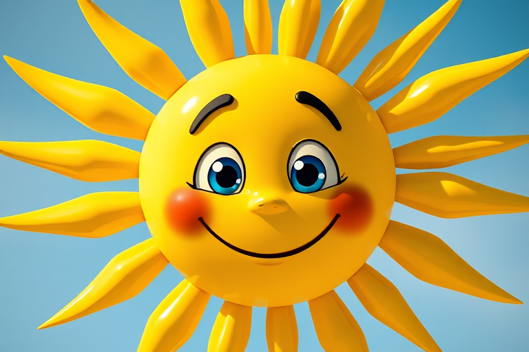 Create a vibrant cartoon sun character with a smiling face, bright yellow rays, and blue eyes, photographed with a Canon EOS R5, 50mm lens, f/2.8 aperture, ISO 100, under soft natural lighting for enhanced detail and color saturation.