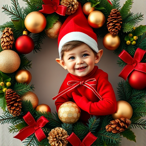 Generate an image of a festive Christmas wreath featuring a playful child elf in a red outfit, surrounded by gold and red ornaments, holly, and pine branches, shot with a Canon EOS R5, 50mm lens, f/1.8 aperture, 1/200 sec shutter speed, ISO 100, in a soft, diffused lighting style.