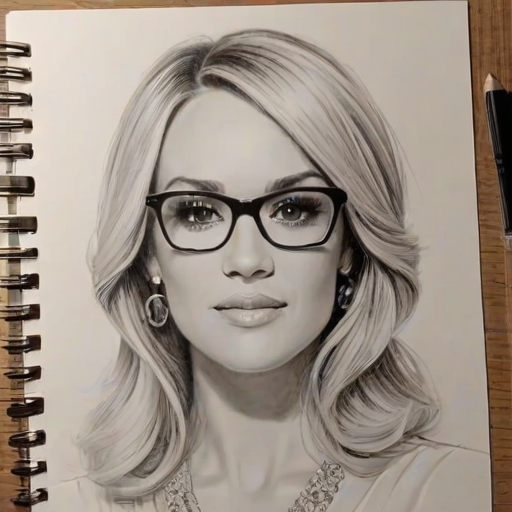 Wonderful Carrie Underwood, pencil sketch, portrait of Dazzling woman 1961s in glasses, hair style beatnik, outline, clear lines, fine lines, 8k