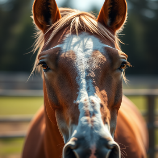 Create a high-quality image of a horse with a focus on its head and facial features, shot in bright daylight using a Canon EOS 5D Mark IV with an aperture of f/2.8, shutter speed of 1/500, ISO 100, at a 50mm lens, maintaining a shallow depth of field for a soft background blur.