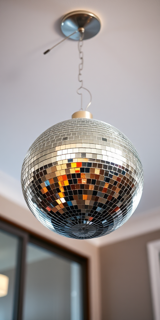 Create a high-resolution image of a disco ball hanging from a ceiling, captured with a DSLR camera at f/2.8 aperture, ISO 100, and a shutter speed of 1/60s, using a low-angle view and soft natural lighting to enhance reflections and details.