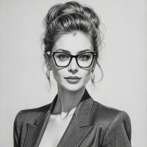 Graceful Dawn Olivieri, pencil sketch, portrait of Elegant woman 1980s in glasses, hair style beatnik, outline, clear lines, fine lines, 8k