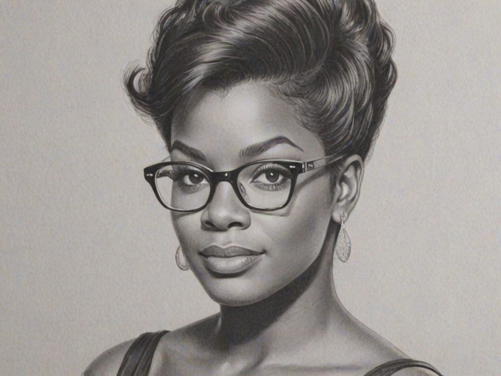 Wonderful Fantasia Barrino, pencil sketch, portrait of Comely woman 1958s in glasses, hair style beatnik, outline, clear lines, fine lines, 8k