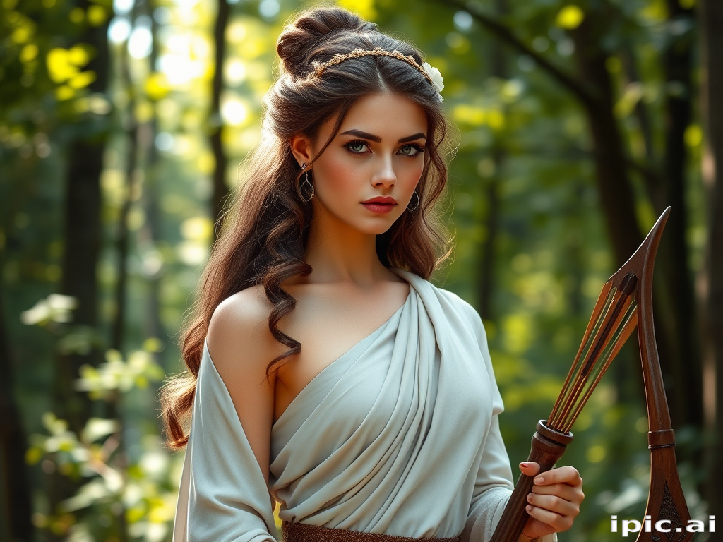 Create a portrait of a goddess-like female figure in a tranquil, forested environment. She has an elegant appearance with long, wavy hair styled in an updo and adorned with a delicate, floral headband. She wears a flowing, ancient Greek-inspired gown in a soft, pale color, featuring a one-shoulder design and draped fabric that accentuates her graceful form. The outfit includes a decorative belt with ornate gold detailing, and she holds a bow in her hand, with a quiver of arrows slung over her shoulder. The background depicts lush greenery, with sunlight filtering through the trees, casting a gentle, ethereal light on the scene. Her expression is calm and contemplative, embodying a sense of wisdom and serenity.