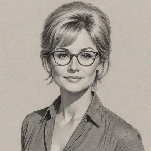 Radiant Dee Wallace, pencil sketch, portrait of Ravishing woman 1960s in glasses, hair style beatnik, outline, clear lines, fine lines, 8k