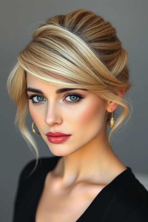 Sophisticated ash blonde French twist with wispy tendrils framing the face, exuding timeless elegance and refined beauty