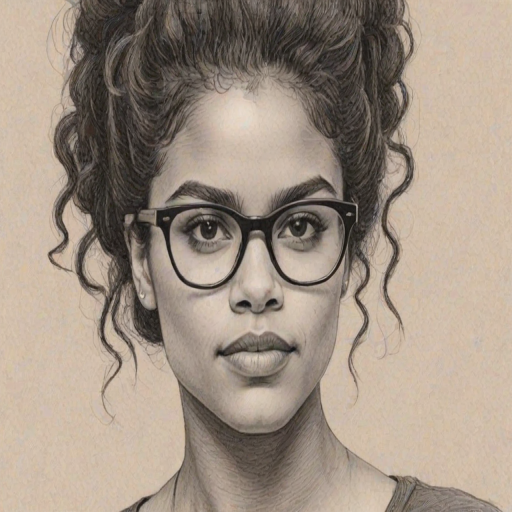 Fetching Zazie Beetz, pencil sketch, portrait of Appealing woman 1961s in glasses, hair style beatnik, outline, clear lines, fine lines, 8k