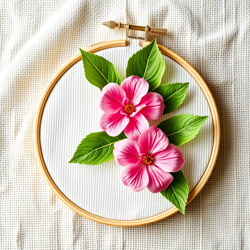 Create an illustration of two pink flowers with green leaves in an embroidery hoop on a soft textured background, shot with a DSLR camera at f/2.8 aperture, ISO 100, 50mm lens, overhead view with natural lighting to enhance colors and details.