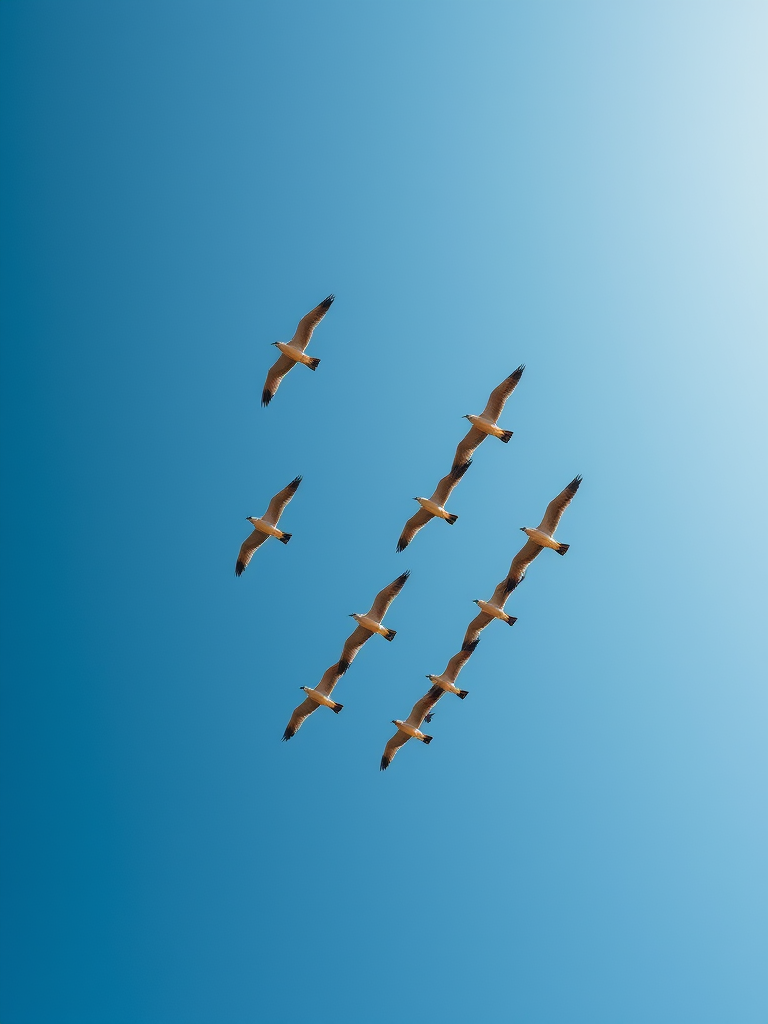 Capture a high-resolution image of a flock of birds flying in a V formation against a clear blue sky using a DSLR camera, 24mm lens, f/8 aperture, ISO 100, 1/2000 sec shutter speed, shot from a low angle for a dramatic perspective.