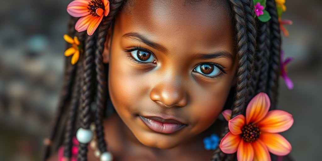 Create a highly detailed portrait of a young girl with braids, adorned with colorful flowers in her hair, featuring vibrant splashes of color and intricate patterns, captured with a DSLR camera at f/1.8 aperture, 50mm lens, shot from eye level with soft natural lighting to enhance the depth and texture of the image.