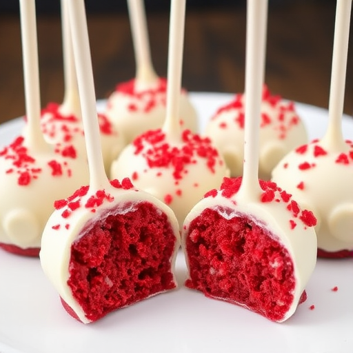Red velvet cake pops coated in white chocolate with red crumbs on top arranged on a white plate some are whole and one is bitten showing the red interior.